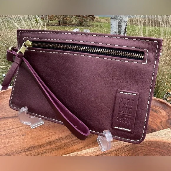 Portland Leather Goods Large Wristlet Clutch Metallic Wine Full-Grain Leather - Picture 3 of 8